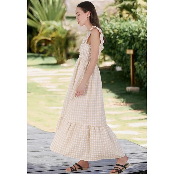 Gingham Print Plaid Smocked Spaghetti Straps Flouncy Long Dress in Khaki - Picture 6 of 9